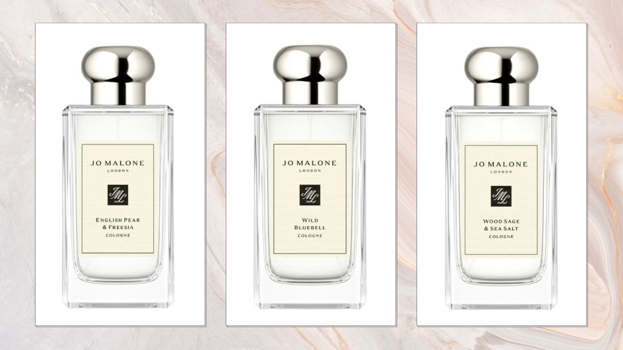 A collage of Jo Malone perfumes, including English Pear &amp; Freesia, Wild Bluebell and Wood Sage &amp; Sea Salt, in a cream, white and grey marbled template