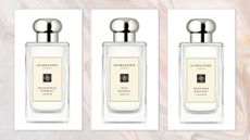 A collage of Jo Malone perfumes, including English Pear & Freesia, Wild Bluebell and Wood Sage & Sea Salt, in a cream, white and grey marbled template