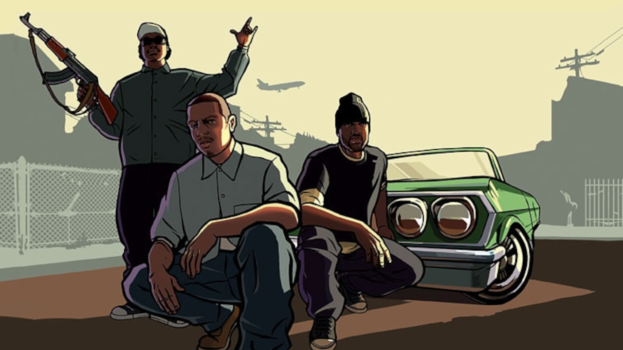 Key art for GTA San Andreas showing the green street gang posing in front of a gar on their street