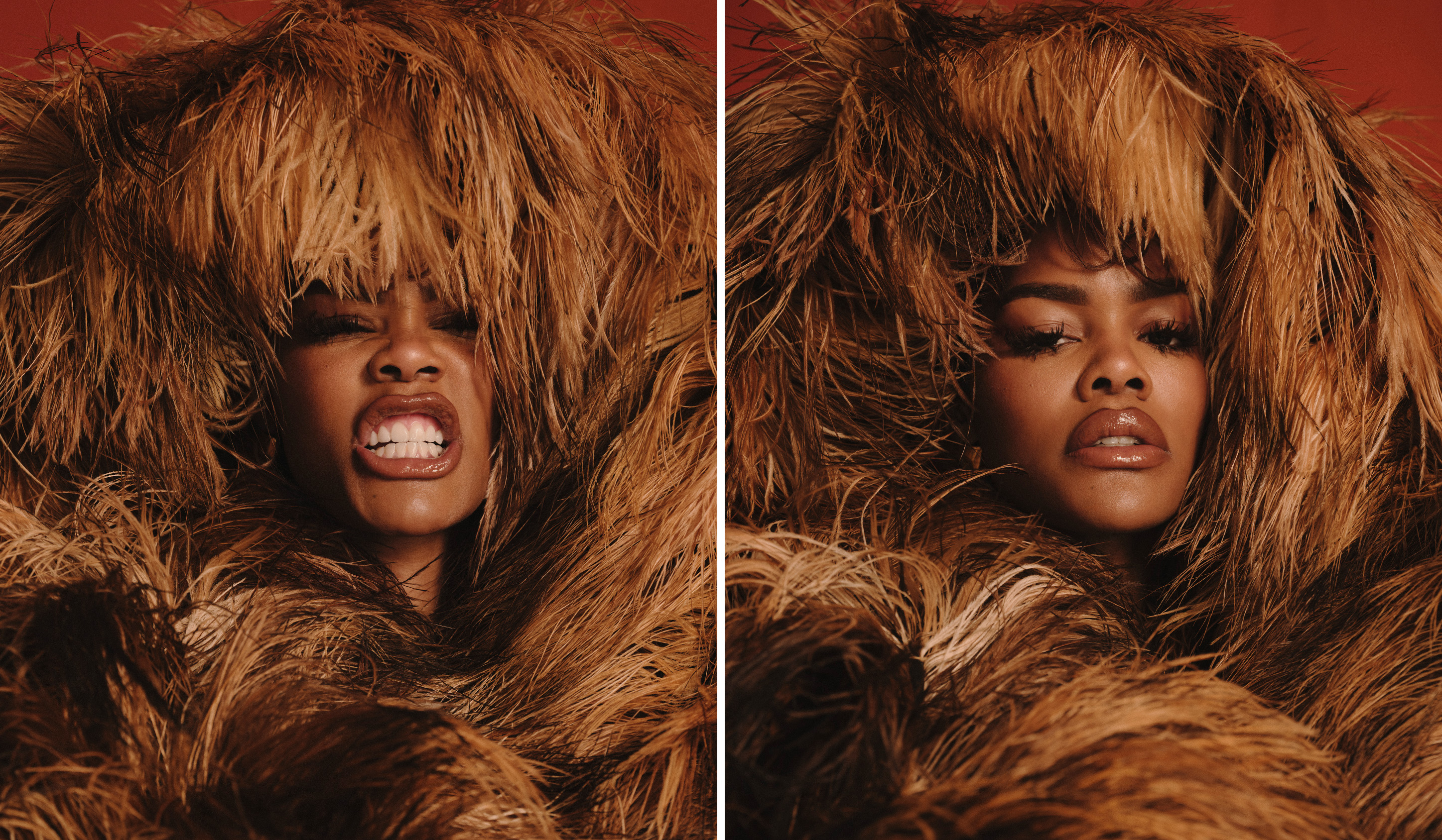 Teyana Taylor wearing an enormous auburn coat