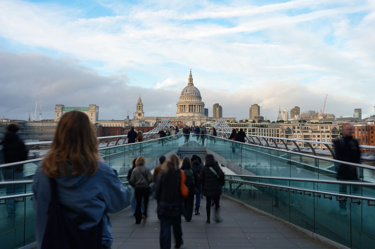 A view across the millennium Bridge to Saint Paul's Cathedral