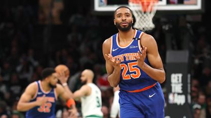 Mikal Bridges of the New York Knicks is seen during Game One of the team's playoff series against the Boston Celtics