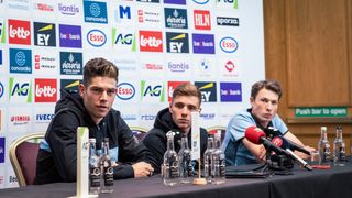 Belgian Wout van Aert of Team Jumbo-Visma, Belgian Remco Evenepoel of Soudal Quick-Step and Belgian Jasper Philipsen of Alpecin-Deceuninck pictured during a press conference at the UCI Road World Championships Cycling 2023, in Glasgow, United Kingdom on Friday 04 August 2023. UCI organizes the worlds with all cycling disciplines, road cycling, indoor cycling, mountain bike, BMX racing, road paracycling and indoor paracycling, in Glasgow from 05 to 13 August. BELGA PHOTO DAVID PINTENS (Photo by DAVID PINTENS / BELGA MAG / Belga via AFP) (Photo by DAVID PINTENS/BELGA MAG/AFP via Getty Images)