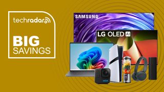 Collage of tech from the latest Best Buy sale, including a Samsung OLED TV, LG TV, Dell XPS laptop, Sony PS5, GoPro, Ninja blender, Sonos speaker and Sony headphones