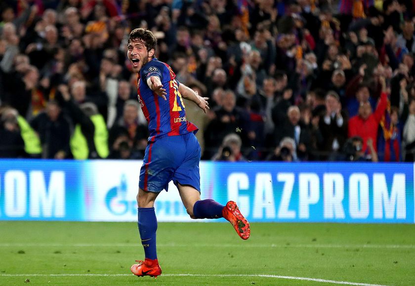 Sergi Roberto celebrates after scoring the winning goal on aggregate for Barcelona against PSG in the UEFA Champions League last 16 second leg match at the Camp Nou, March 2017