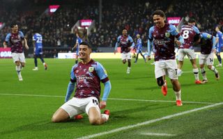 Anass Zaroury of Burnley celebrates after scoring their side's first goal during the Sky Bet Championship between Burnley and Birmingham City at Turf Moor on December 27, 2022 in Burnley, England.