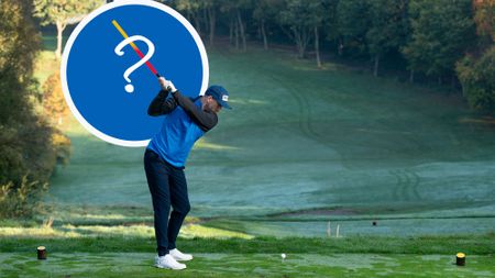 Adam Harnett hitting a tee shot, with his club disguised by a red and orange line with a question mark placed over the top.