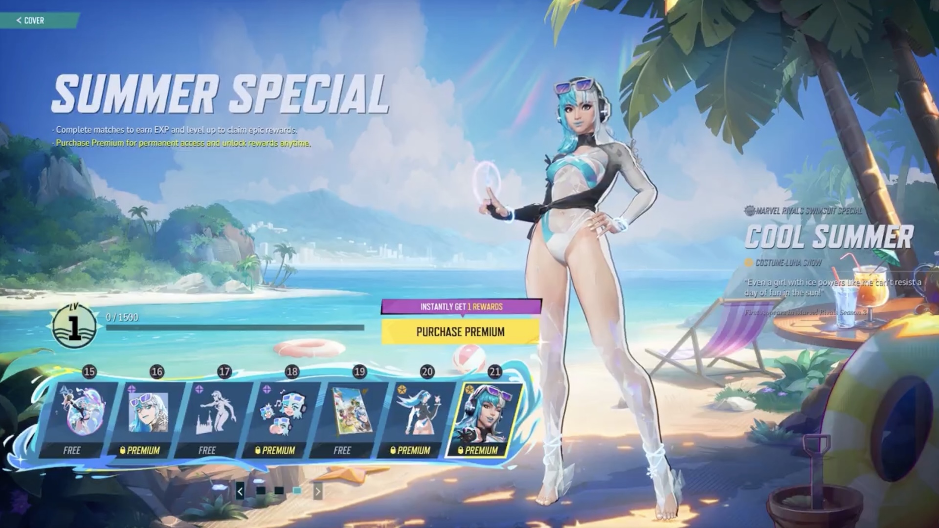 Luna Snow Summer skin next to the new mini event pass rewards