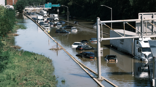 Cars sit abandoned on the flooded Major Deegan Expressway in the Bronx following a night of heavy wind and rain from the remnants of Hurricane Ida on September 02, 2021 in New York City. 