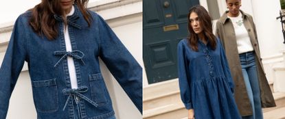 Two images of models, left is a close up of a denim tie front longsleeve nobody's child jacket, the right image is two models wearing a demin long sleeve nobody's child dress and the other wearing a long mushroom grey collared trench coat with a white top and jeans sold at nobody's child