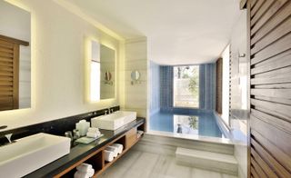 An image of one of the guest rooms, showing the bathroom with a private plunge pool