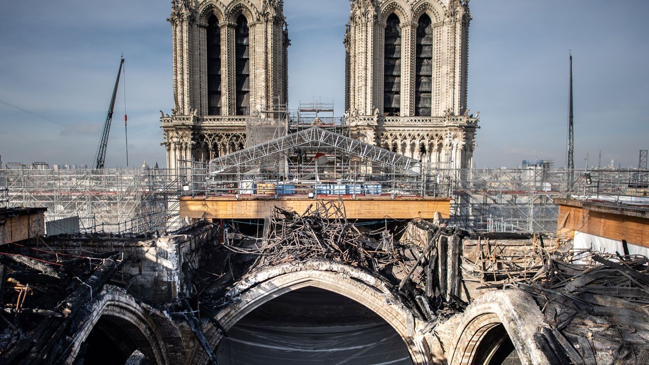Melted scaffolding on the roof of Notre-Dame cathedral during reconstruction works.