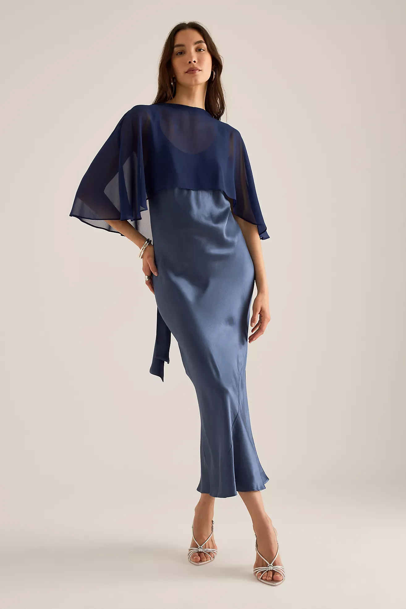 By Anthropologie Casey Cape Overlay Satin Midi Dress