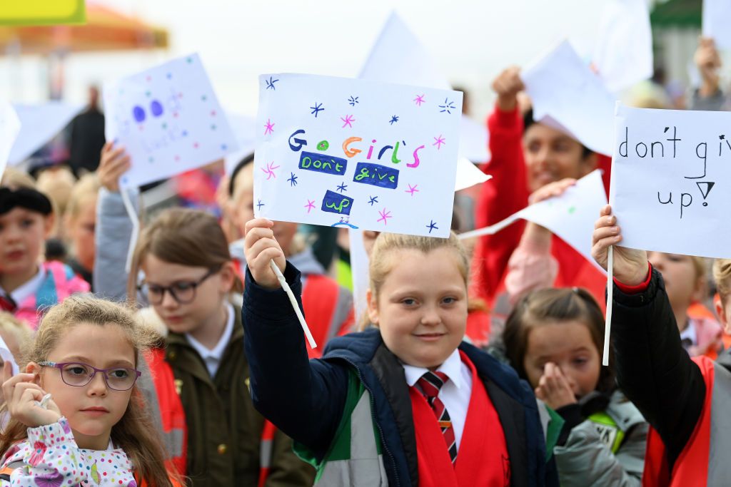 SOUTHEND ENGLAND OCTOBER 07 Kids cheer prior to the 7th The Womens Tour 2021 Stage 4 a 1178km stage from Shoeburyness to SouthendonSea thewomenstour UCIWWT on October 07 2021 in Southend England Photo by Justin SetterfieldGetty Images