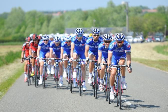 FDJ on the front of the bunch