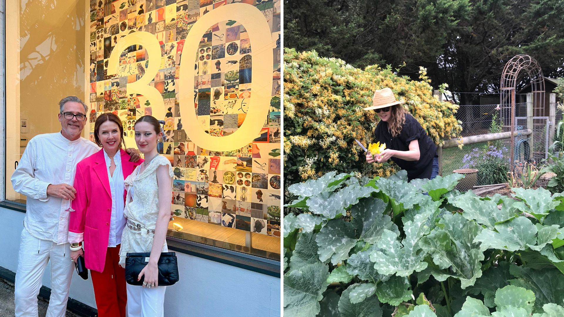 Louise Olsen with her husband and daughter on the left and in her garden on the right
