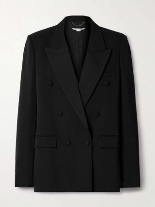 Oversized Double-Breasted Moire-Trimmed Wool-Blend Blazer