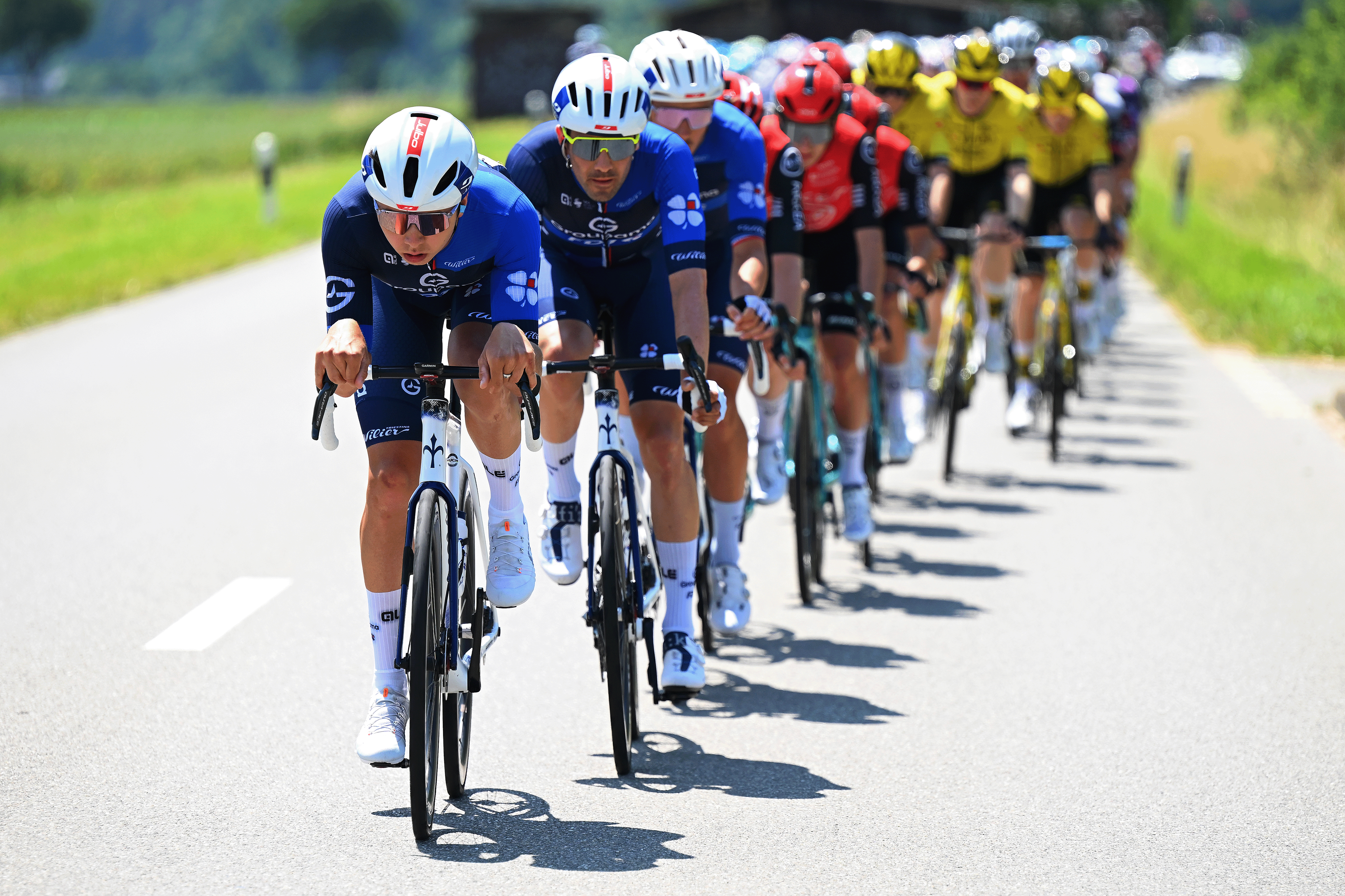 HEIDEN, SWITZERLAND - JUNE 17: Eddy Le Huitouze of France and Team Groupama - FDJ leads the peloton during the 88th Tour de Suisse, Stage 3 a 195.6km stage from Aarau to Heiden 809m / #UCIWT / on June 17, 2025 in Heiden, Switzerland. (Photo by Tim de Waele/Getty Images)