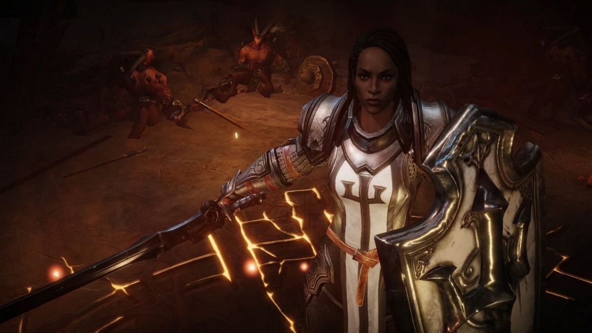 Diablo Immortal Crusader brandishes a weapon in front of defeated demons