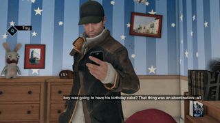 Aiden Pearce and a copy of Assassin's Creed