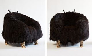 'Unique Beast' club chair, also covered in Icelandic sheepskin and featuring cast bronze hoof feet
