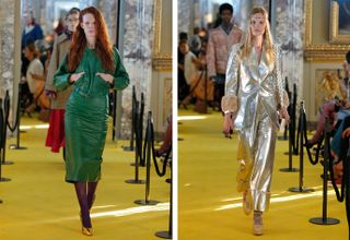 Two images, Left- Female model wearing green long dress from Gucci collection, Right- Female model wearing Silver trousers and long jacket from Gucci collection