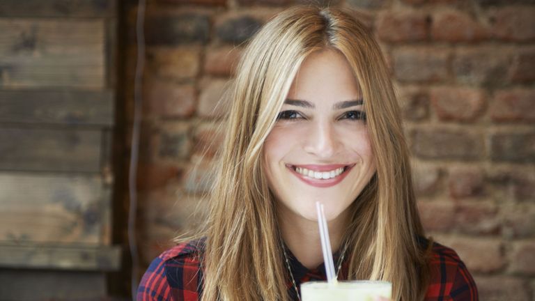 Lip, Drink, Tooth, Plaid, Juice, Blond, Eyelash, hair, Long hair, Tartan,