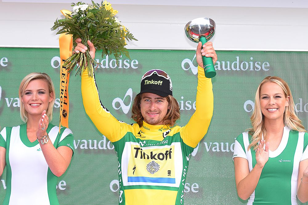 Peter Sagan in yellow on the podium after stage 4 at Tour de Suisse.