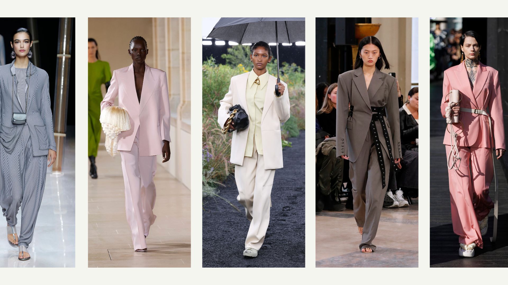 A composite of models on the runway showing fashion trends 2023 sharp suiting