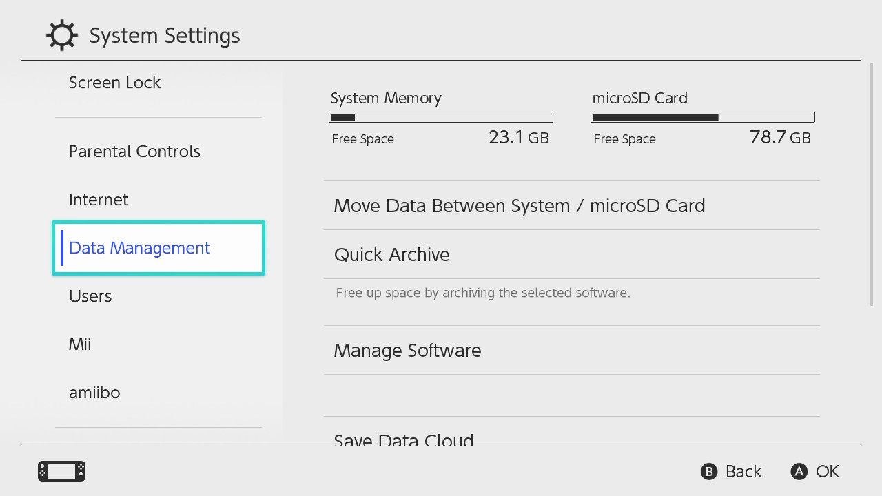 Nintendo Switch Cloud Save Data Management Selection
