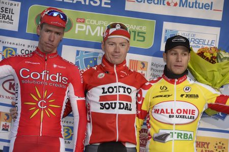 The podium of Kenneth Van Bilsen (Cofidis, Solutions Cr&eacute;dits), Pim Ligthart (Lotto Soudal) and Antoine Demoitie (Wallonie - Bruxelles)