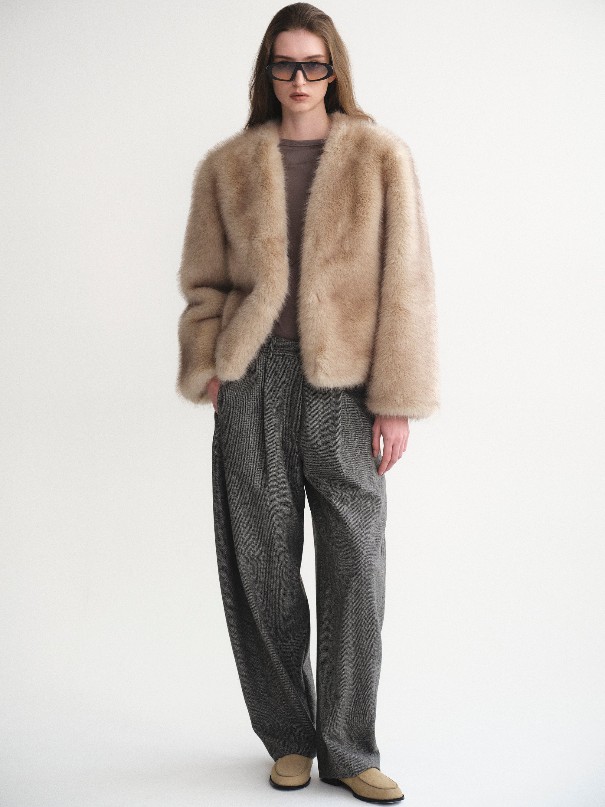 Collarless Faux-Fur Jacket, Natural