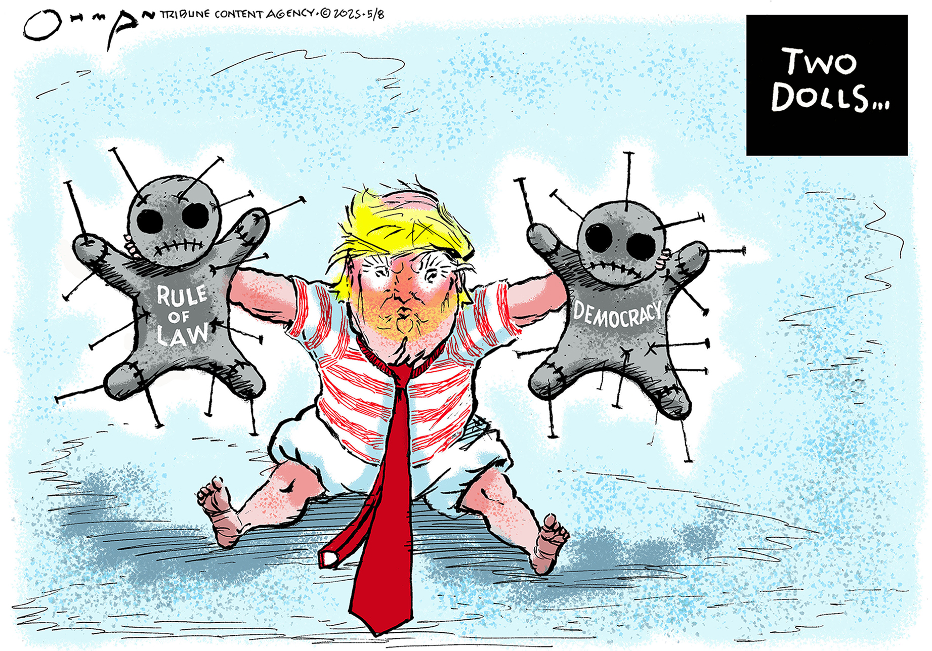 This political cartoon is titled "TWO DOLLS..." and depicts an angry Donald Trump, drawn like an oversize toddler. He holds ugly, sad-looking voodoo dolls in each hand, both of which have pins stuck in them. One is labeled "Rule of Law" and the other "Democracy."