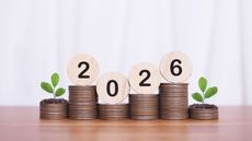 Six stacks of coins topped with greenery and round wooden blocks with the year 2026.