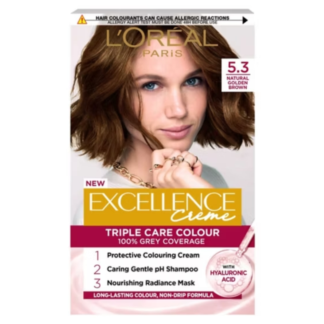 A product shot of the L'Oreal Paris Excellence Cr&amp;eacute;me 5.3 Golden Brown, on a white background