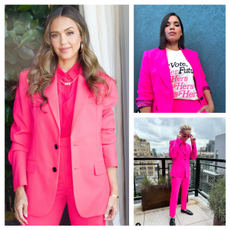 Jessica Alba, America Ferrera, and Megan Rapinoe wear pink suits to support Argent and When We All Vote