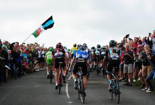 The peloton make their way up the final 100m to the submit of Hay Tor during Stage Five of the 2014 Tour of Britain from Exmouth to Exeter.