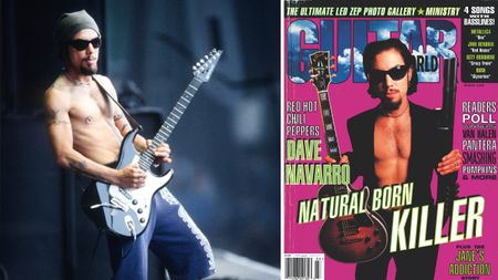 Dave Navarro performs live with the Red Hot Chili Peppers in 1996. On the right, his GW cover, where he unusually chose a Les Paul