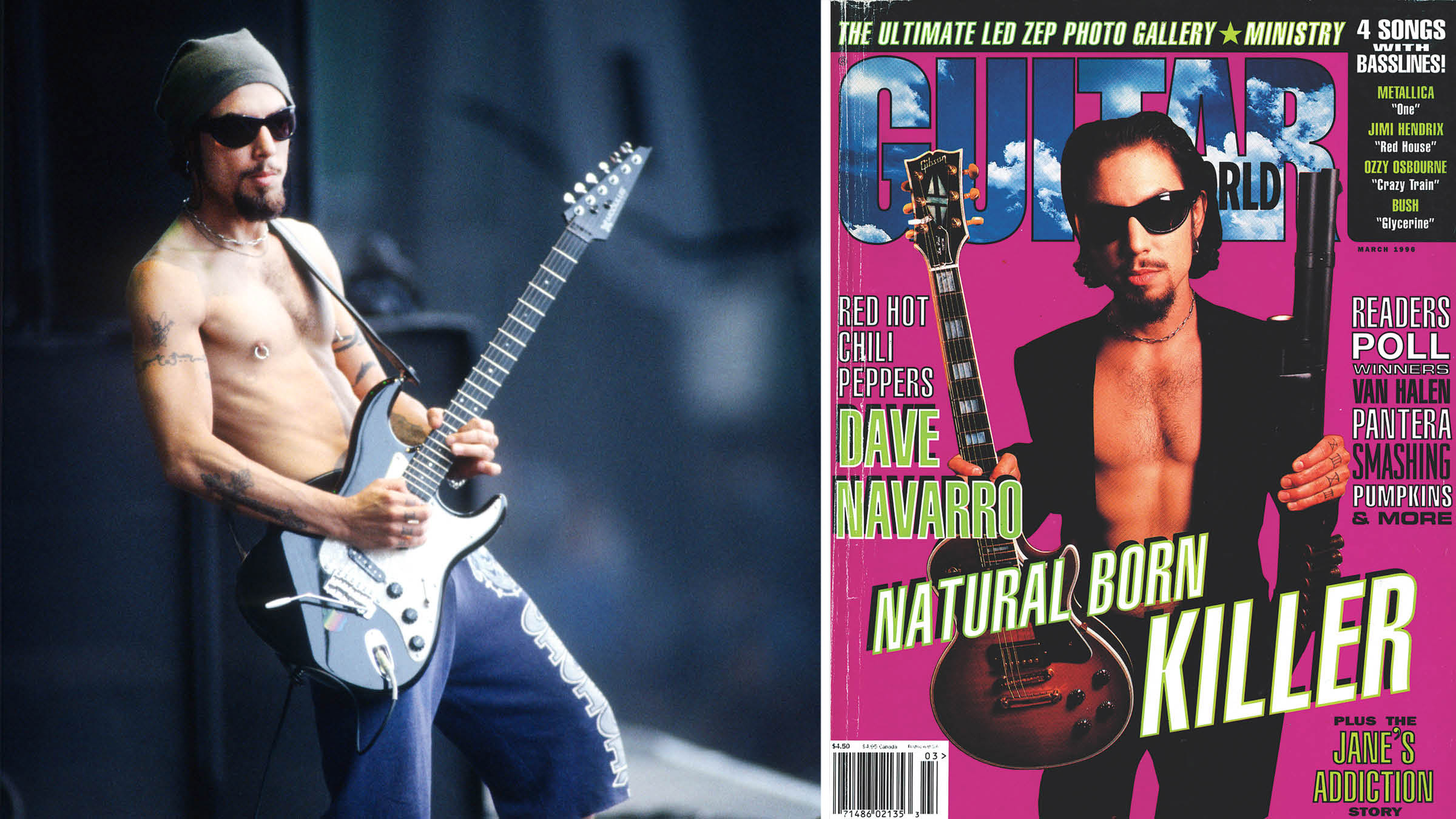Dave Navarro performs live with the Red Hot Chili Peppers in 1996. On the right, his GW cover, where he unusually chose a Les Paul