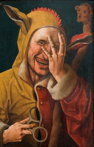 A medieval jester's life wasn't all laughs. "Laughing Fool", attributed to Jacob Cornelisz van Oostsanen, ca. 1500.