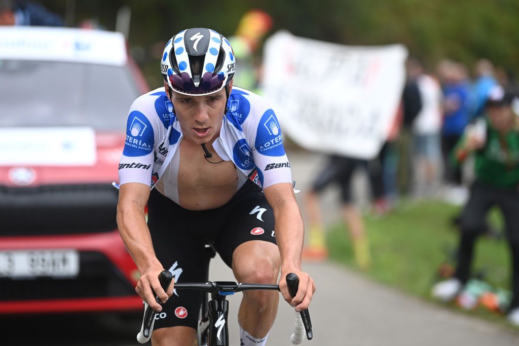 ALTU DE LANGLIRU SPAIN SEPTEMBER 13 Remco Evenepoel of Belgium and Team Soudal Quick Step Polka Dot Mountain Jersey competes in the breakaway during the 78th Tour of Spain 2023 Stage 17 a 1244km stage from Ribadesella Ribeseya to Altu de LAngliru 1555m UCIWT on September 13 2023 in Altu de LAngliru Spain Photo by Tim de WaeleGetty Images