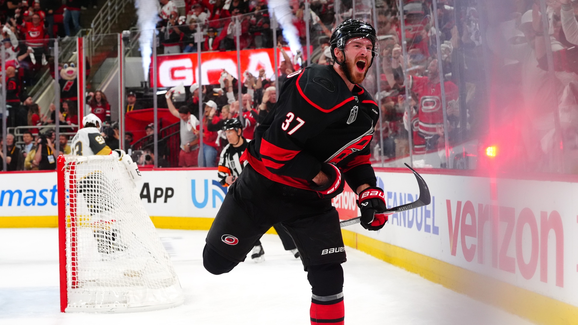 Andrei Svechnikov of the Carolina Hurricanes celebrates his power play goal against the Vegas Golden Knights during the 2026 Stanley Cup Finals
