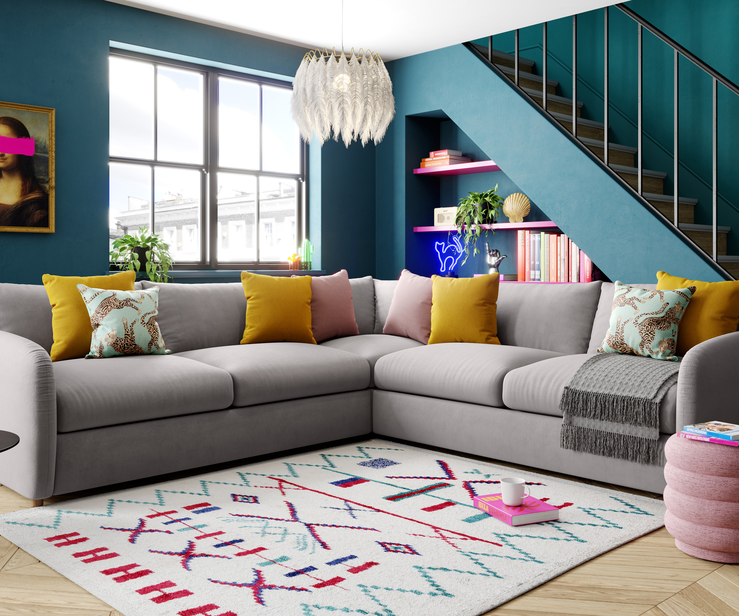 living room with turquoise wall and understairs storage with corner sofa