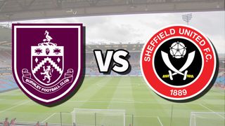The Burnley and Sheffield United club badges on top of a photo of Turf Moor stadium in Burnley, England