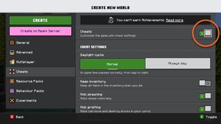 Minecraft cheats toggle when creating a new world