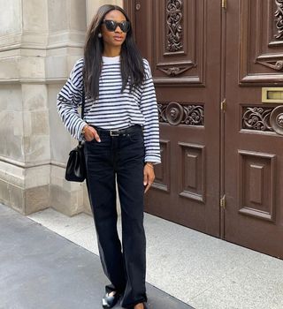 Striped shirt and straight trousers outfit