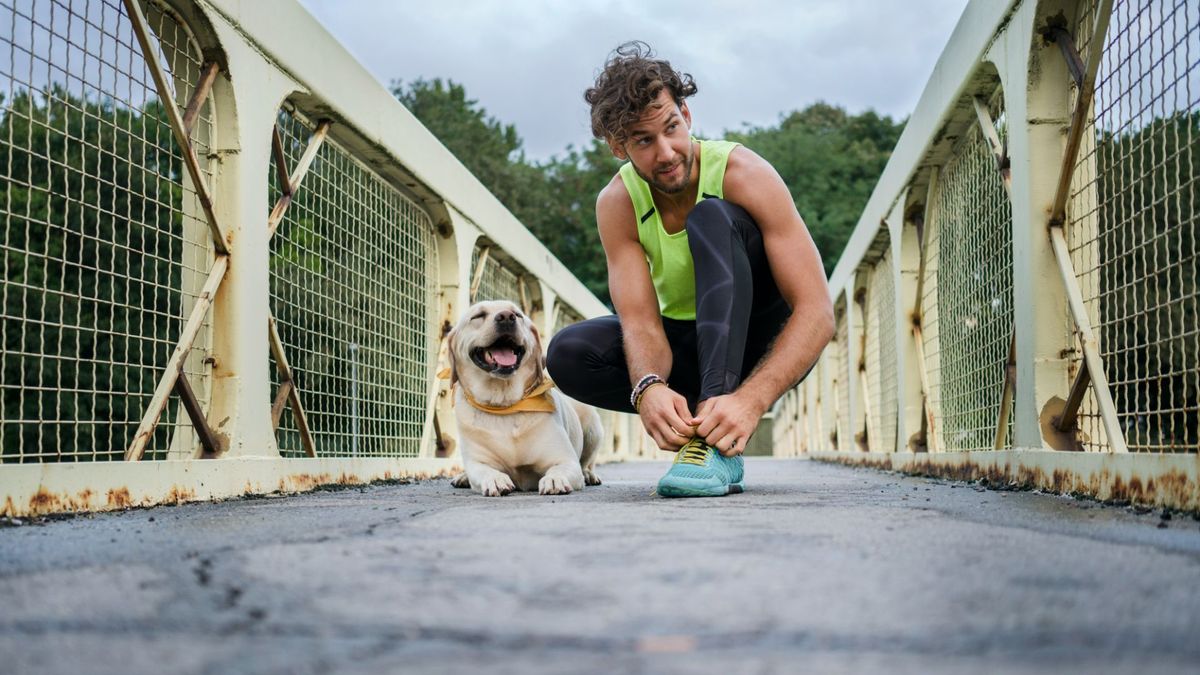 Man kneeling on bridge with dog