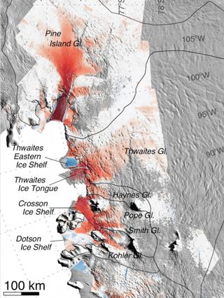 The glaciers studied by Rignot's research team. Red indicates areas where flow speeds have increased over the past 40 years. The darker the color, the greater the increase. The increases in flow speeds extend hundreds of miles inland.