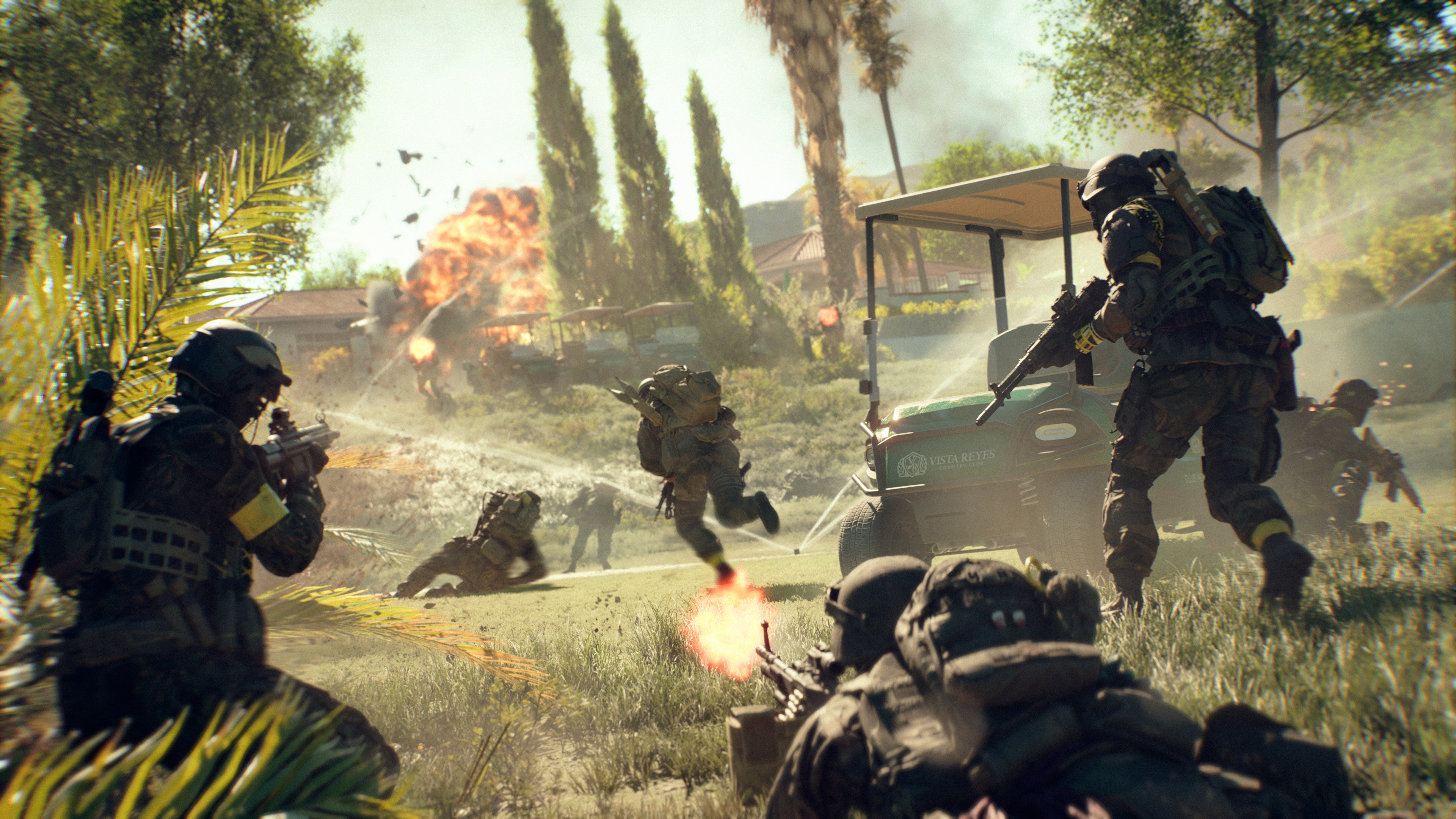 Battlefield 6 Eastwood: Key art for the Season 1 Eastwood map showing a large group of soldiers fighting down the hill of a golf course, with one in a bush, one prone, and four fighting around a golf cart.