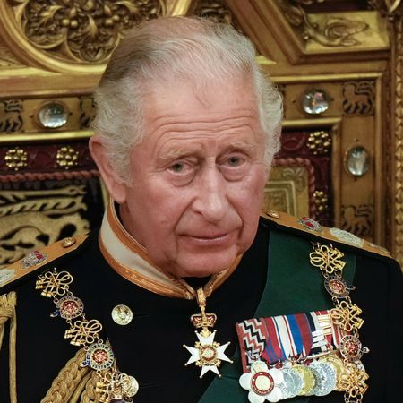 Kate Middleton wears a tiara and looks pensive while King Charles sits on a gold throne looking scared